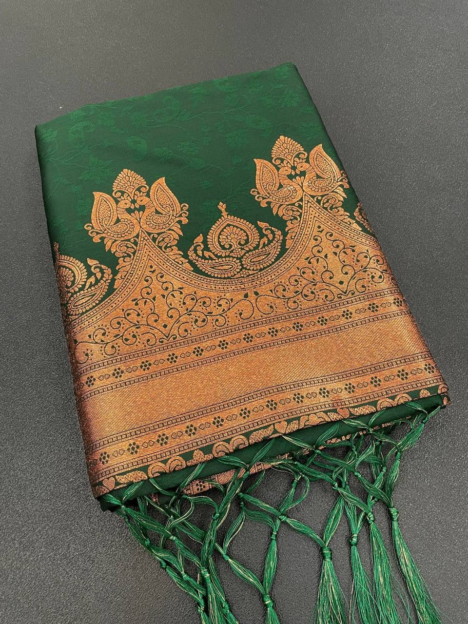 Ethereal Dark Green Color Banarasi Soft Silk Saree With Blouse Piece