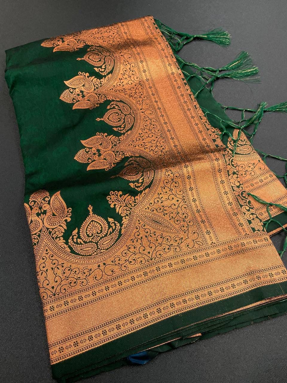 Ethereal Dark Green Color Banarasi Soft Silk Saree With Blouse Piece