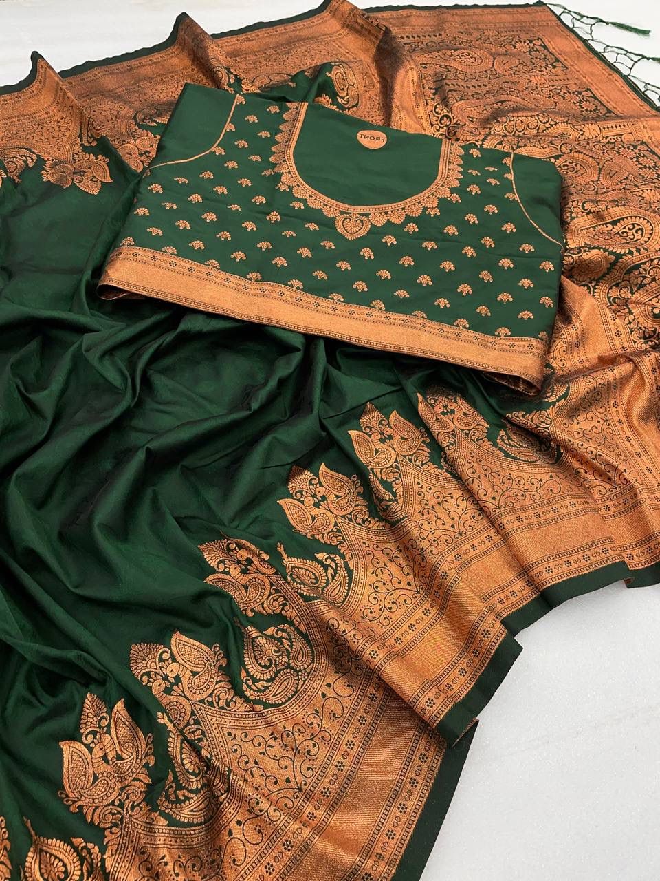 Ethereal Dark Green Color Banarasi Soft Silk Saree With Blouse Piece