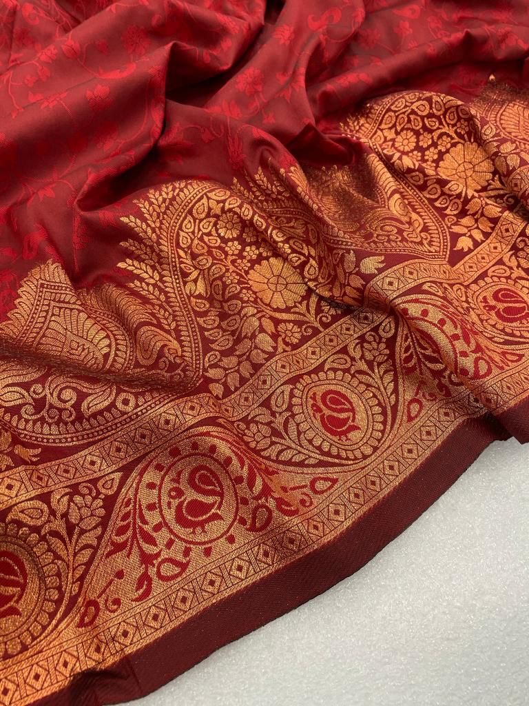 Blissful Maroon Color Banarasi Soft Silk Saree With Blouse Piece