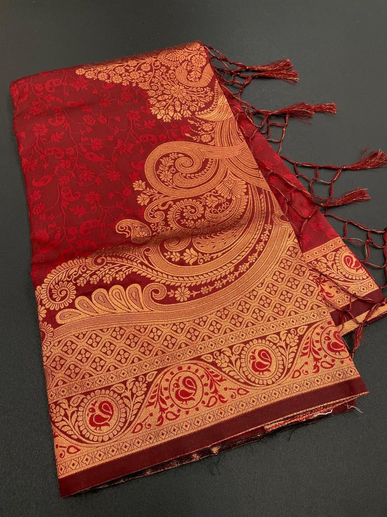 Blissful Maroon Color Banarasi Soft Silk Saree With Blouse Piece