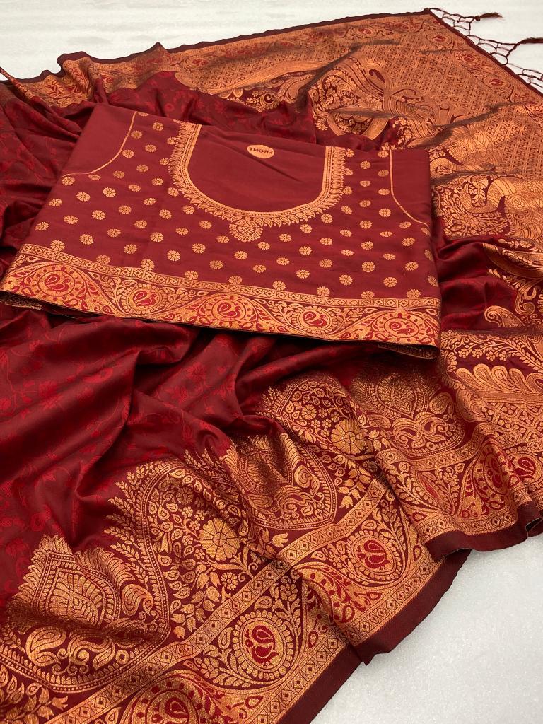 Blissful Maroon Color Banarasi Soft Silk Saree With Blouse Piece