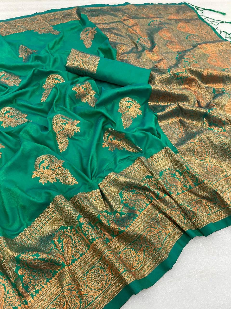 Graceful Turquoise Blue Color Banarasi Soft Silk Saree With Blouse Piece