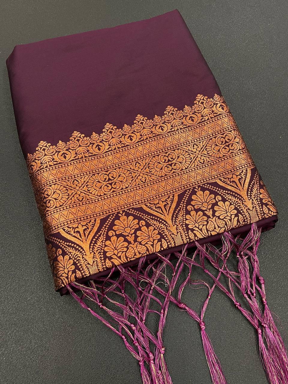 Radiant Wine Color Banarasi Soft Silk Saree With Blouse Piece