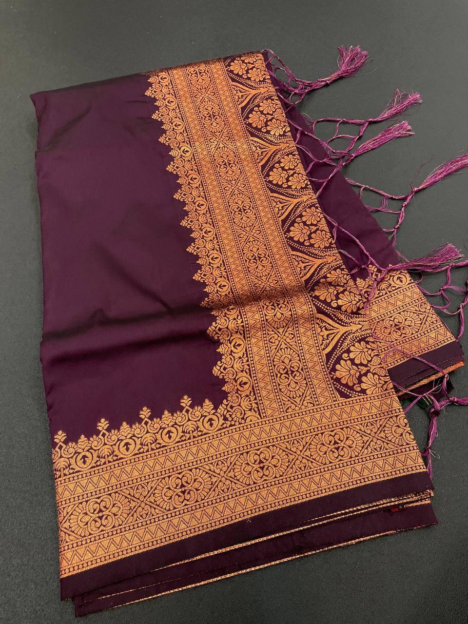 Radiant Wine Color Banarasi Soft Silk Saree With Blouse Piece