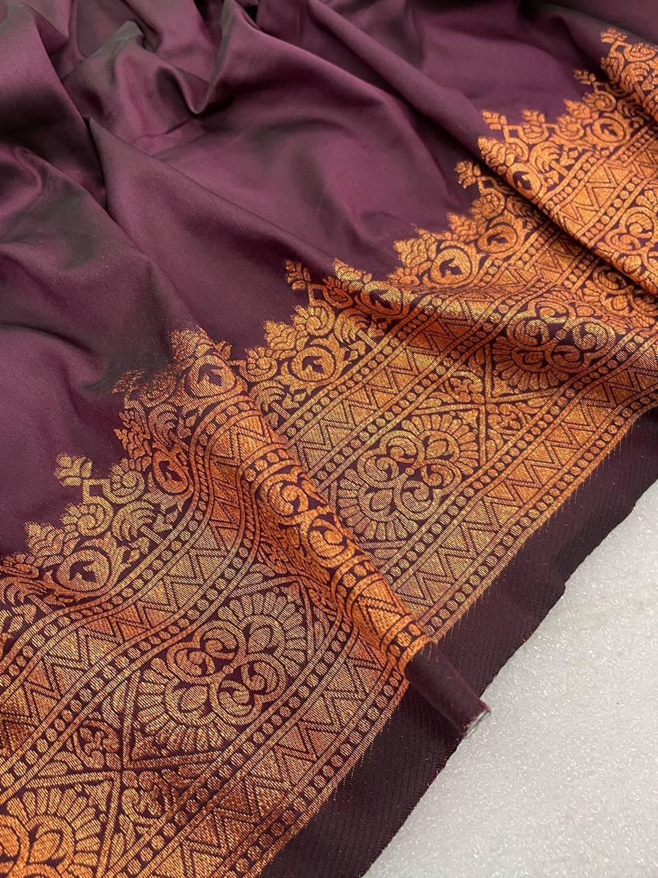 Radiant Wine Color Banarasi Soft Silk Saree With Blouse Piece