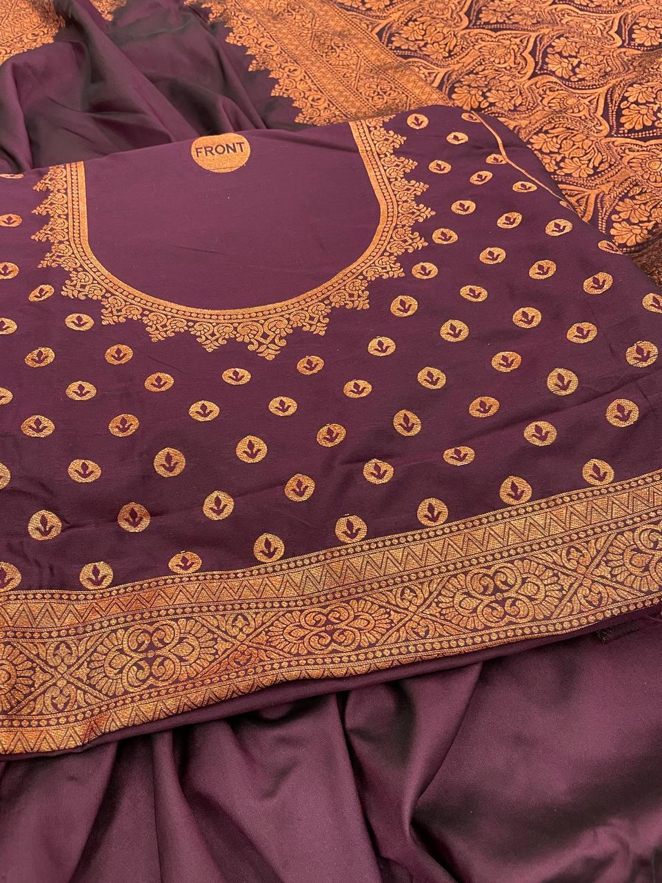 Radiant Wine Color Banarasi Soft Silk Saree With Blouse Piece