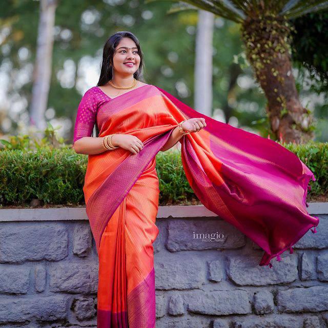 Enchanting Orange Color Kanjivaram Silk Saree With Blouse Piece