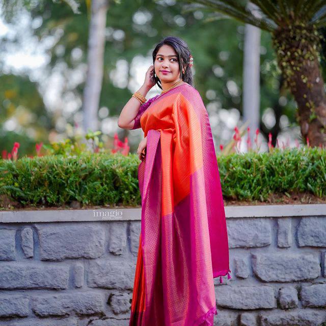 Enchanting Orange Color Kanjivaram Silk Saree With Blouse Piece