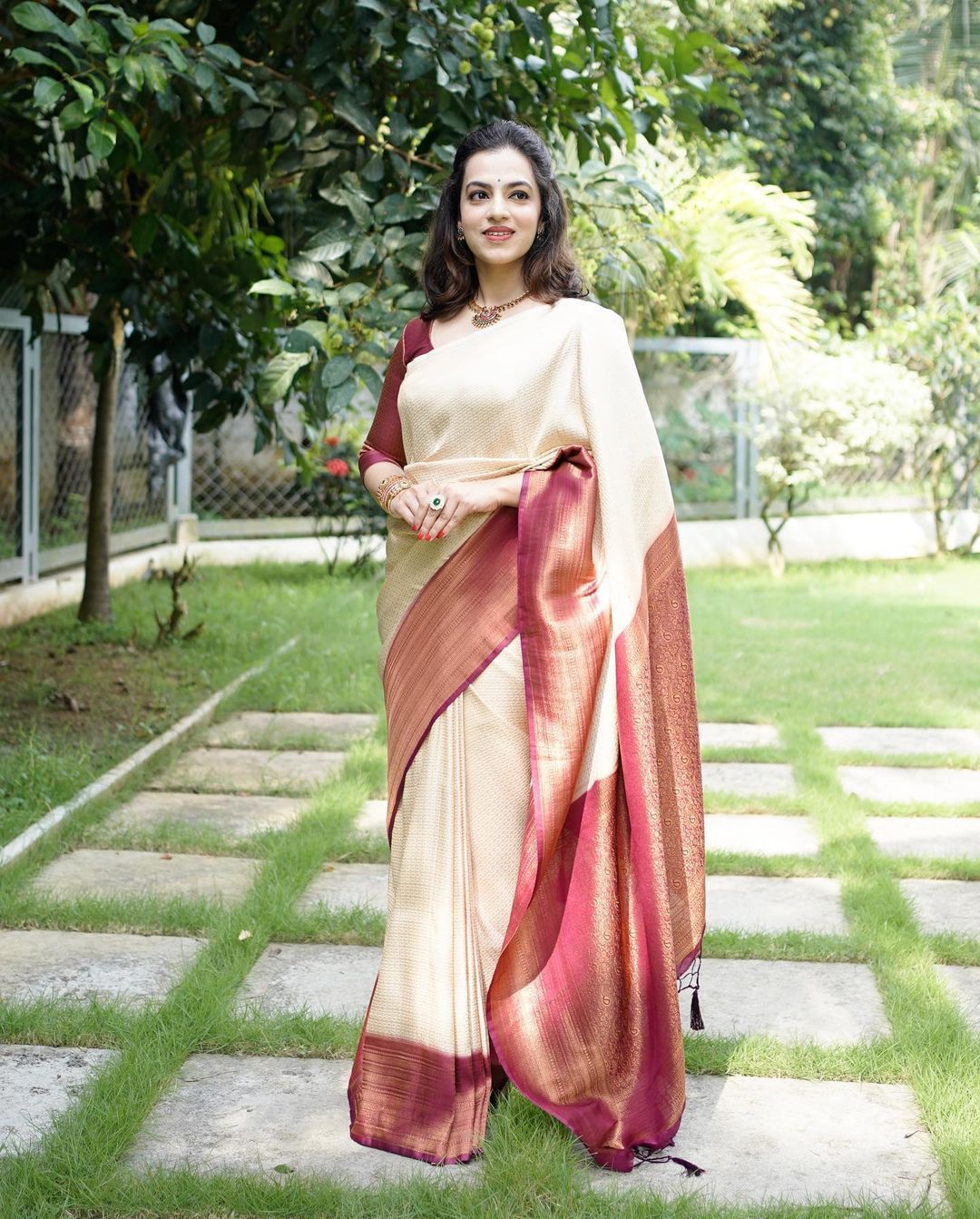 Incandescent Beige Color Banarasi Soft Silk Saree With Blouse Piece