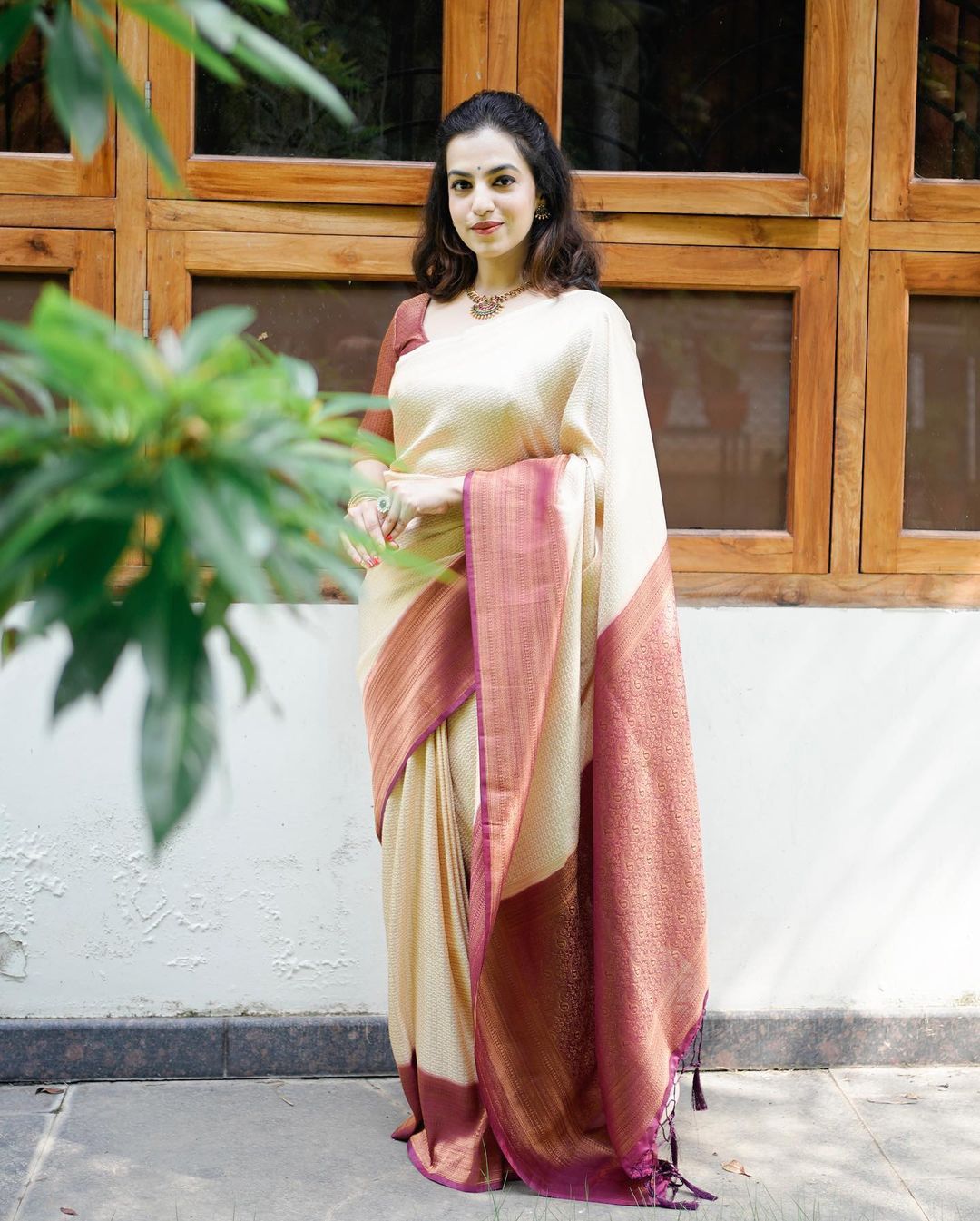 Incandescent Beige Color Banarasi Soft Silk Saree With Blouse Piece