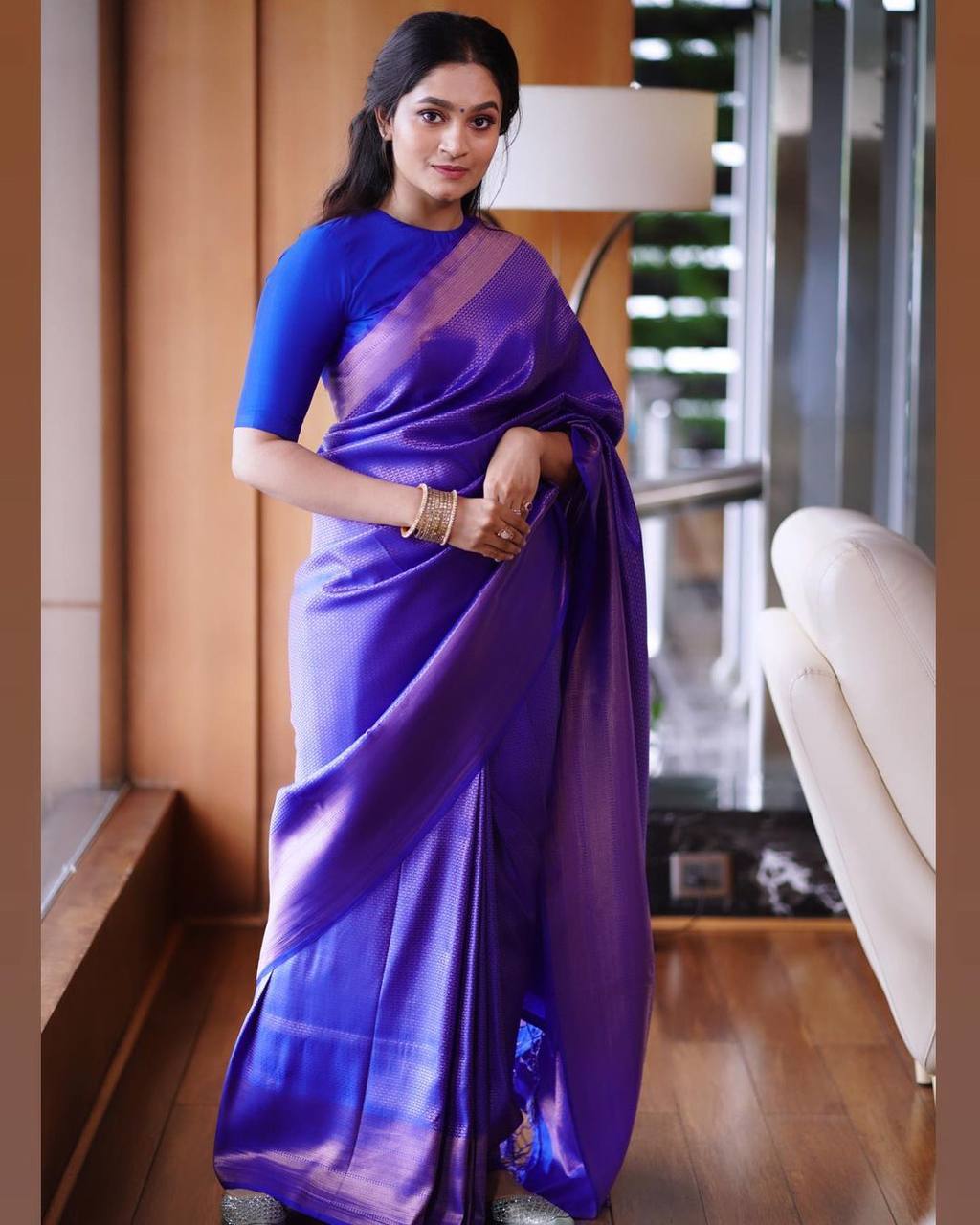 Gossamer Blue Color Banarasi Soft Silk Saree With Blouse Piece