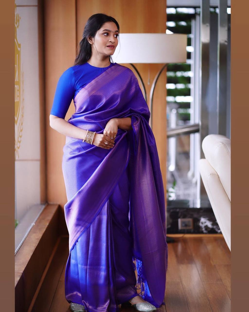 Gossamer Blue Color Banarasi Soft Silk Saree With Blouse Piece