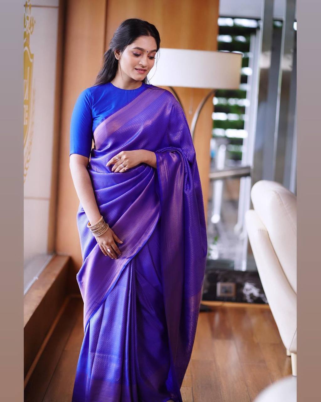 Gossamer Blue Color Banarasi Soft Silk Saree With Blouse Piece