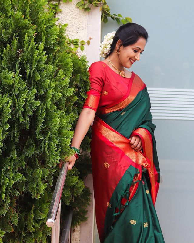 Heavenly Rama Green Color Banarasi Soft Silk Saree With Blouse Piece