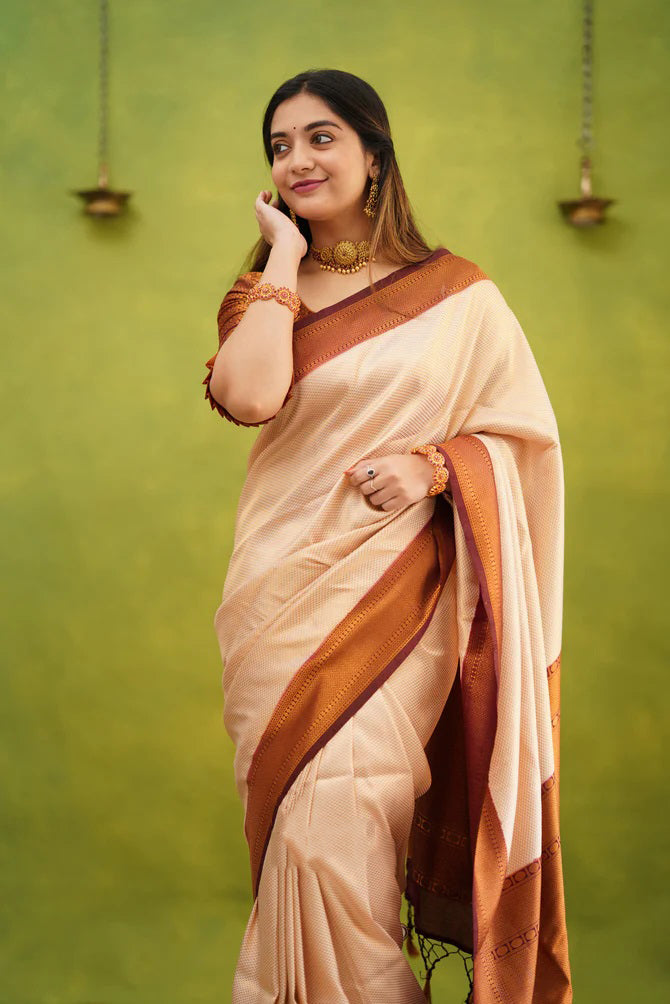 Vibrant Beige Color Banarasi Soft Silk Saree With Blouse Piece