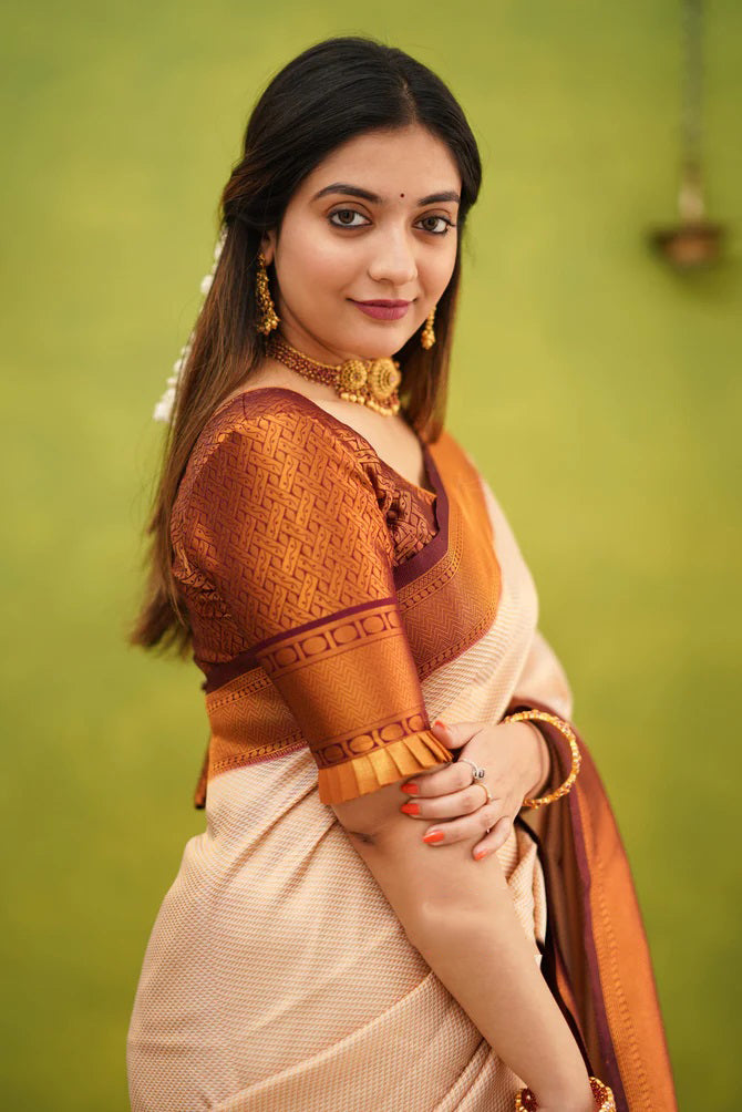 Vibrant Beige Color Banarasi Soft Silk Saree With Blouse Piece