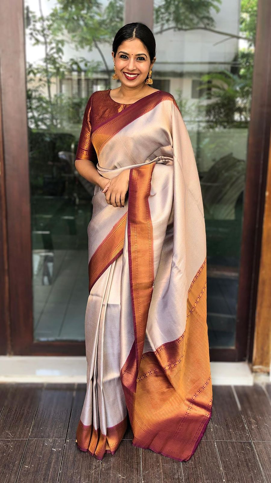 Twinkly Beige Color Banarasi Soft Silk Saree With Blouse Piece