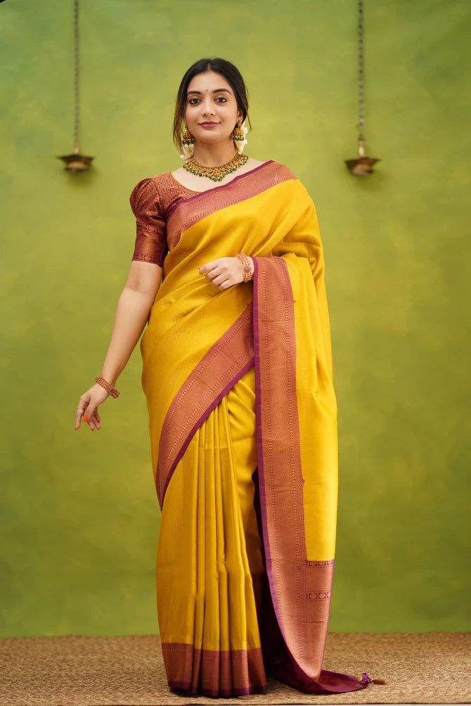 Opulent Golden Color Kanjivaram Silk Saree With Blouse Piece