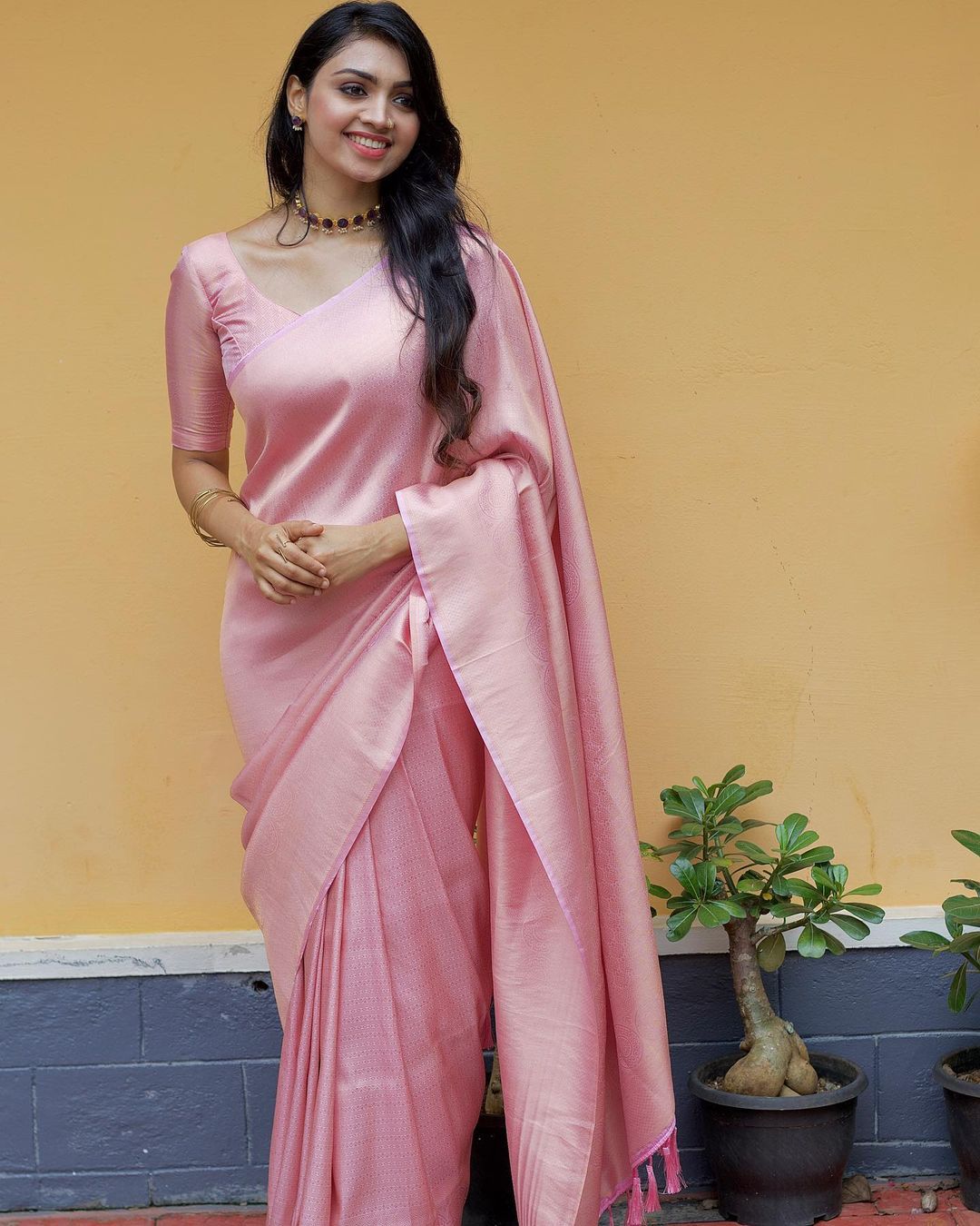 Radiant Baby Pink Color Soft Lichi Silk Saree With Blouse Piece