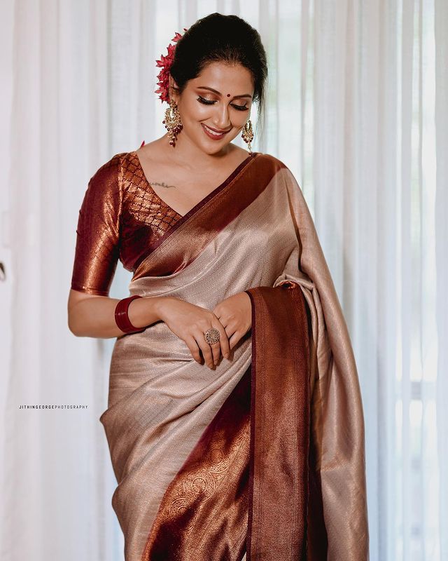 Attractive Beige Color Soft Lichi Silk Saree With Blouse Piece