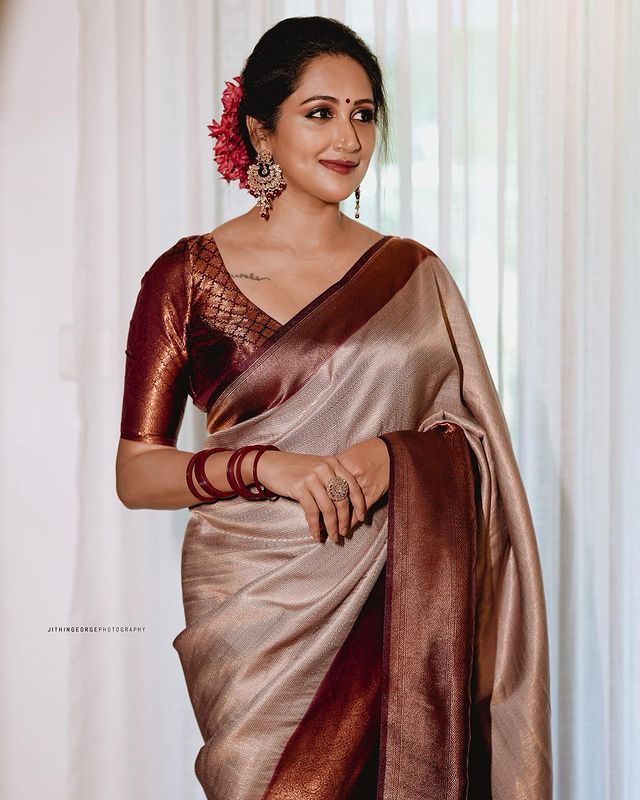 Attractive Beige Color Soft Lichi Silk Saree With Blouse Piece