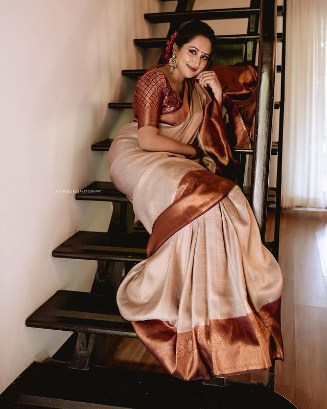 Attractive Beige Color Soft Lichi Silk Saree With Blouse Piece