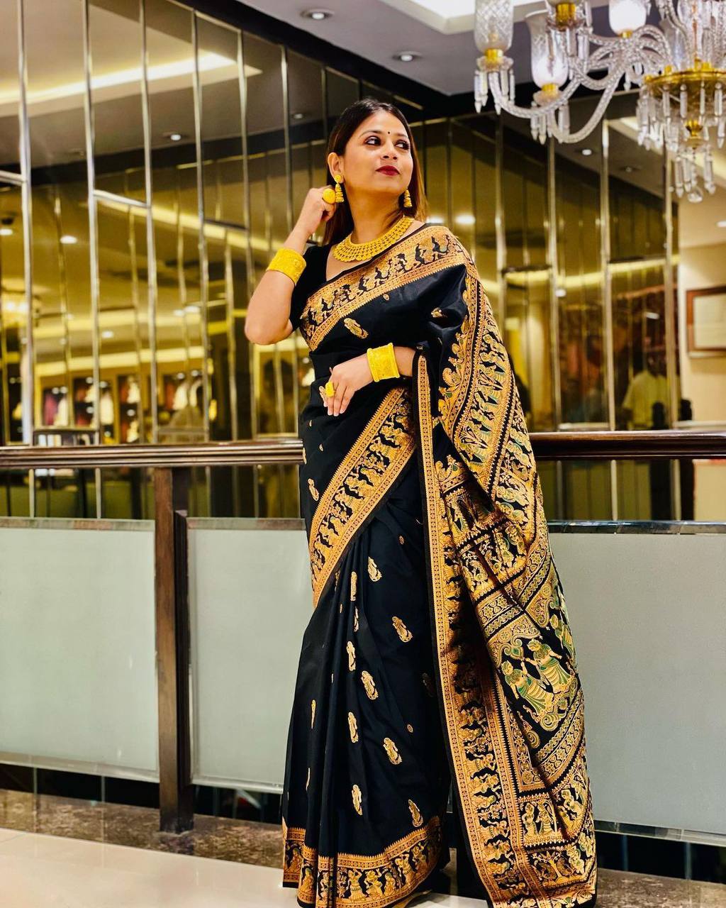 Celestial Black Color Banarasi Soft Silk Saree With Blouse Piece