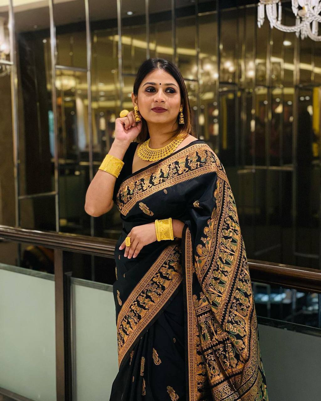 Celestial Black Color Banarasi Soft Silk Saree With Blouse Piece