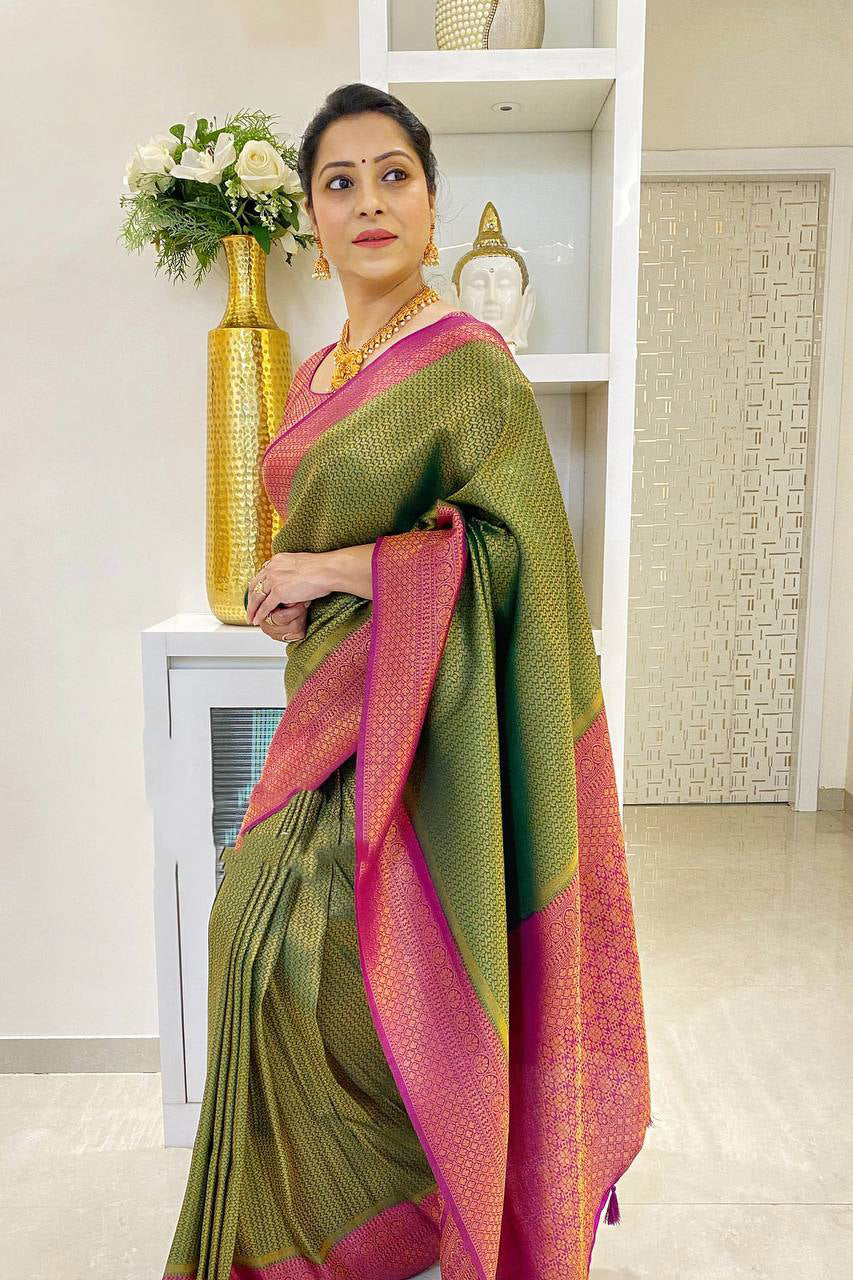 Beaming Green Color Soft Lichi Silk Saree With Blouse Piece