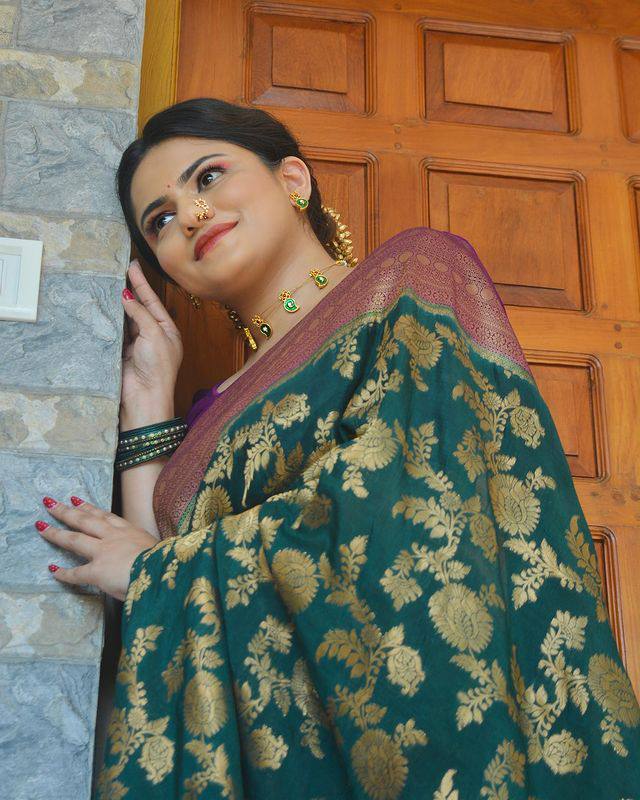 Radiant Rama Green Color Soft Lichi Silk Saree With Blouse Piece