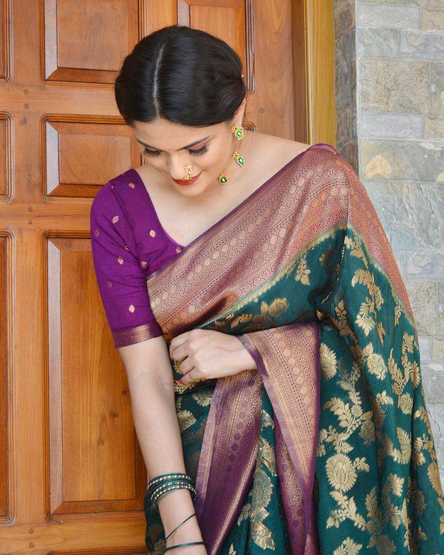 Radiant Rama Green Color Soft Lichi Silk Saree With Blouse Piece