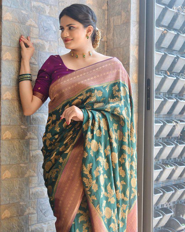 Radiant Rama Green Color Soft Lichi Silk Saree With Blouse Piece