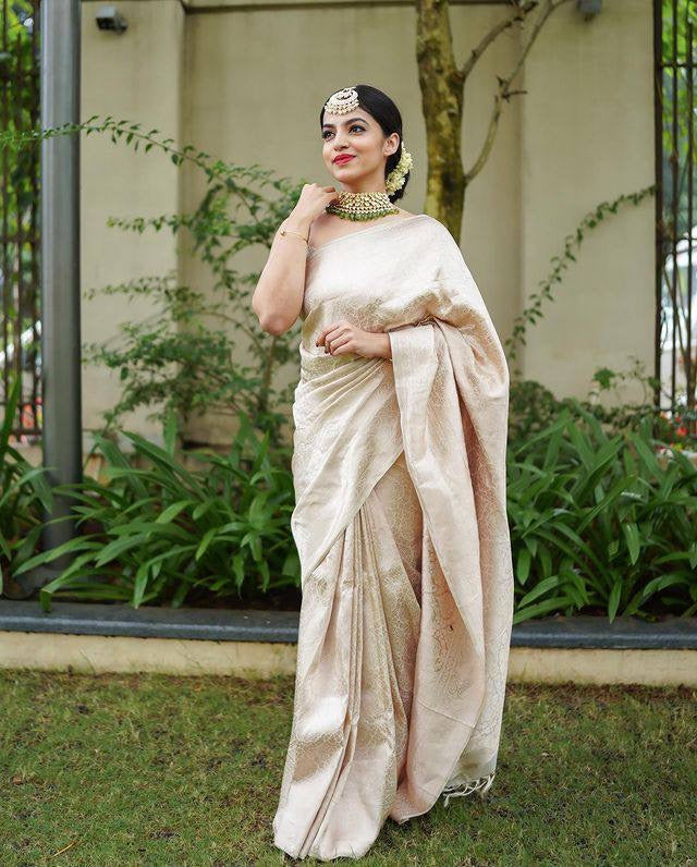 Breathtaking Beige Color Banarasi Soft Silk Saree With Blouse Piece