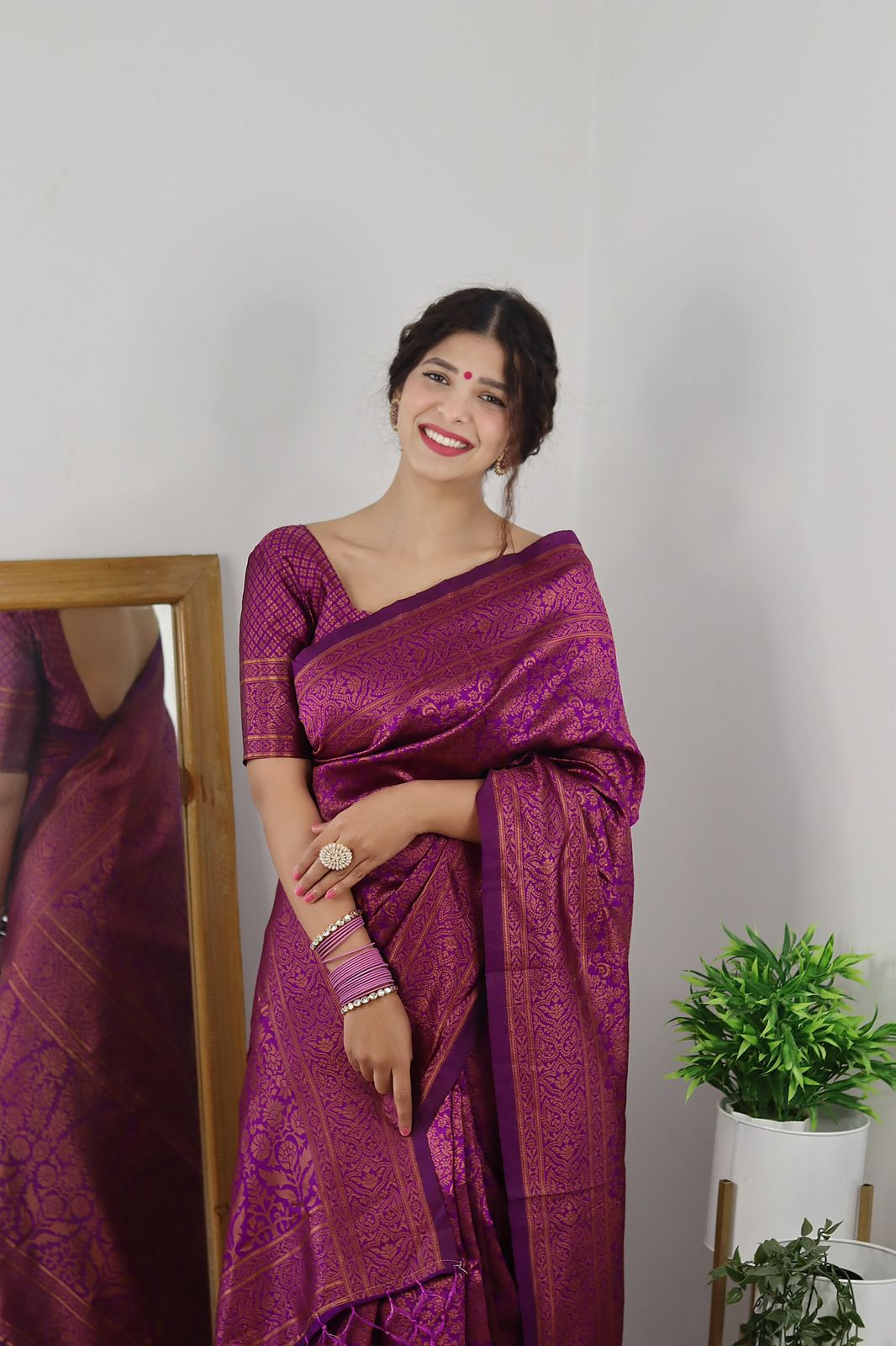 Bewitching Purple Color Banarasi Soft Silk Saree With Blouse Piece