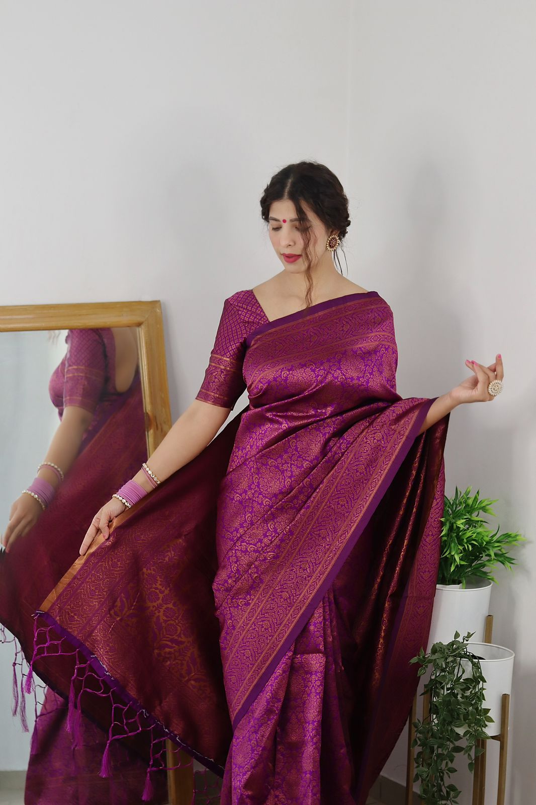 Bewitching Purple Color Banarasi Soft Silk Saree With Blouse Piece