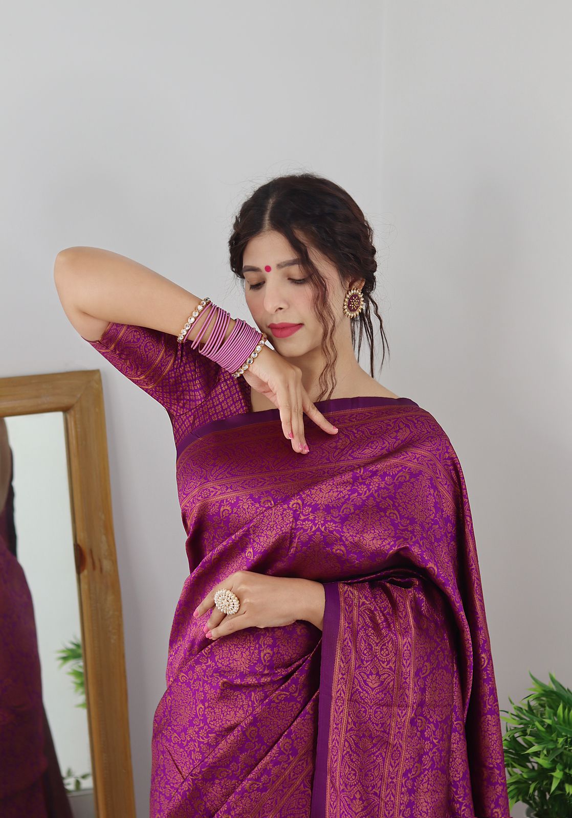 Bewitching Purple Color Banarasi Soft Silk Saree With Blouse Piece