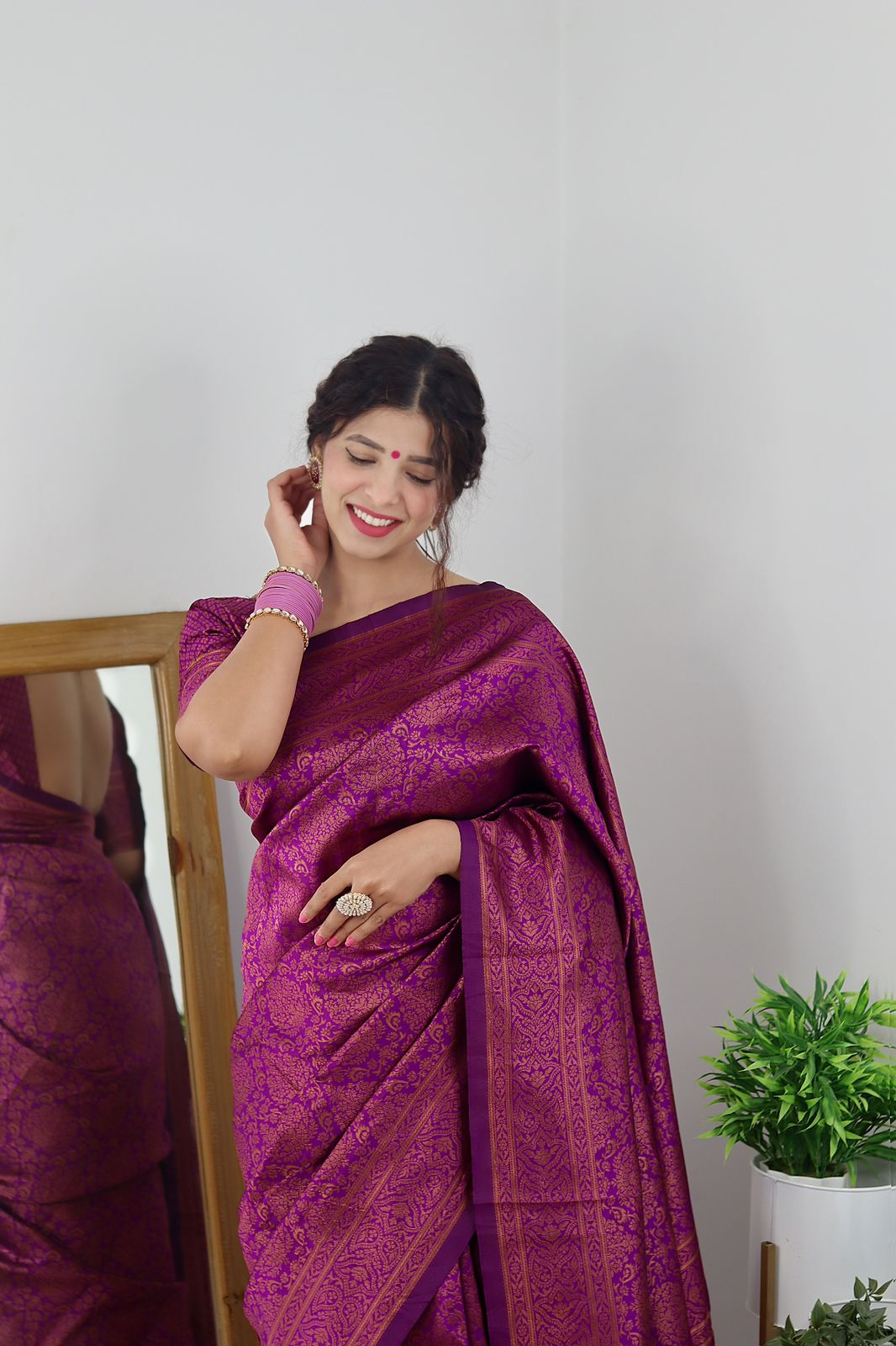 Bewitching Purple Color Banarasi Soft Silk Saree With Blouse Piece