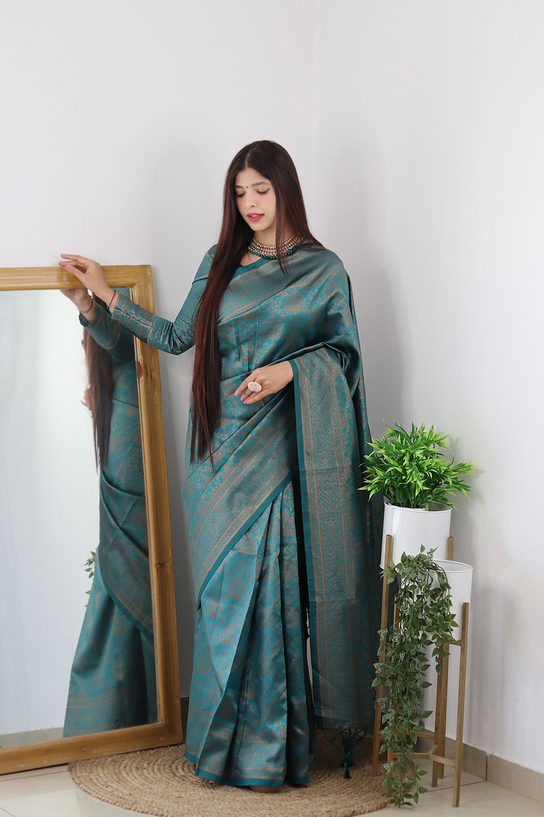 Angelic Rama Green Color Banarasi Soft Silk Saree With Blouse Piece