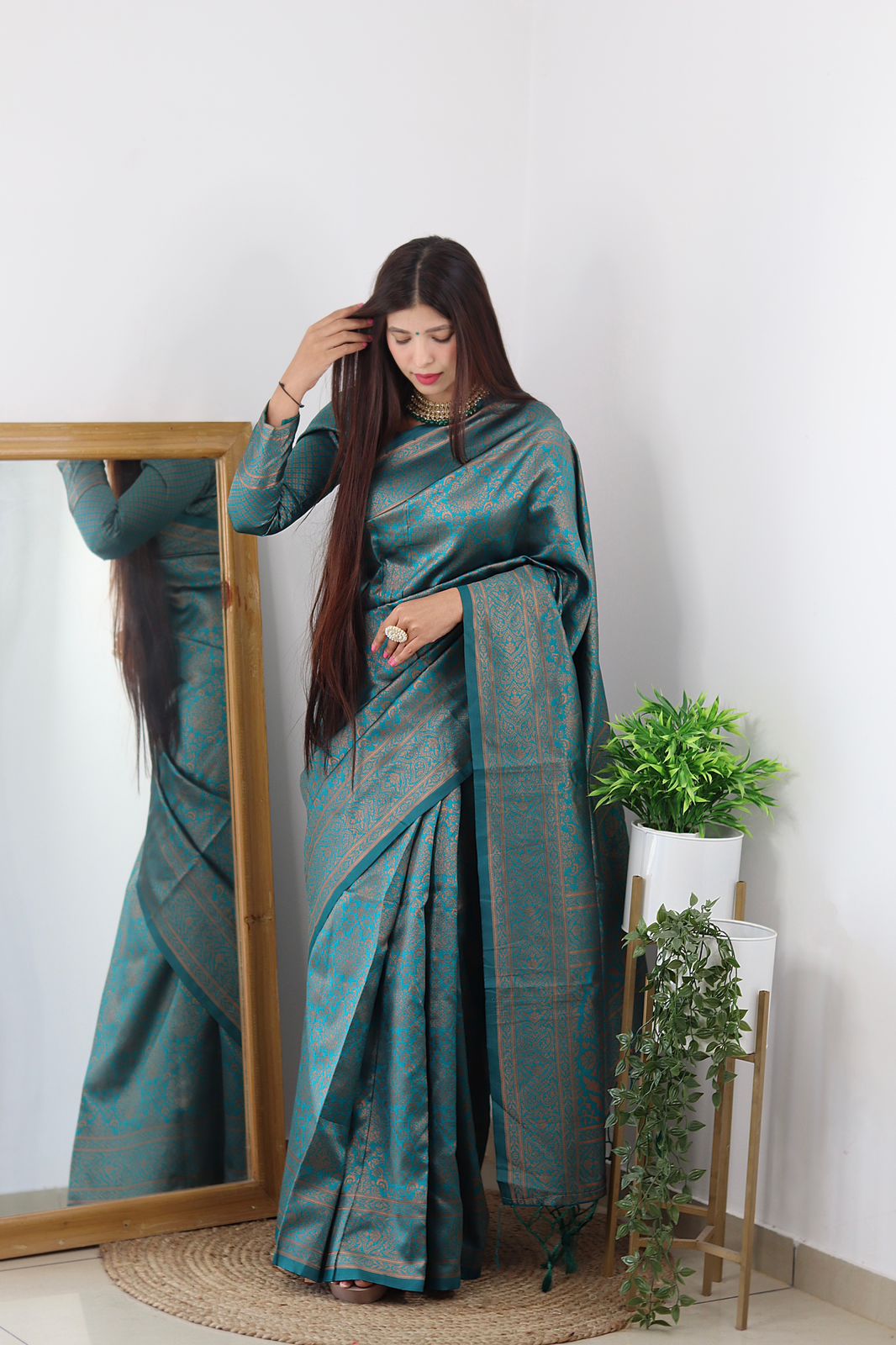 Angelic Rama Green Color Banarasi Soft Silk Saree With Blouse Piece