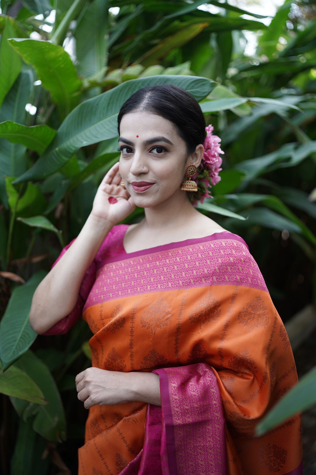 Enthralling Orange Color Banarasi Soft Silk Saree With Blouse Piece