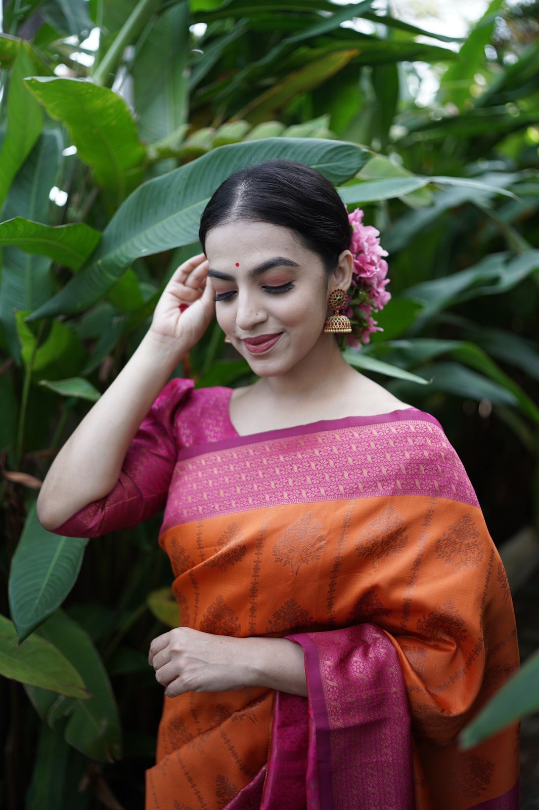 Enthralling Orange Color Banarasi Soft Silk Saree With Blouse Piece