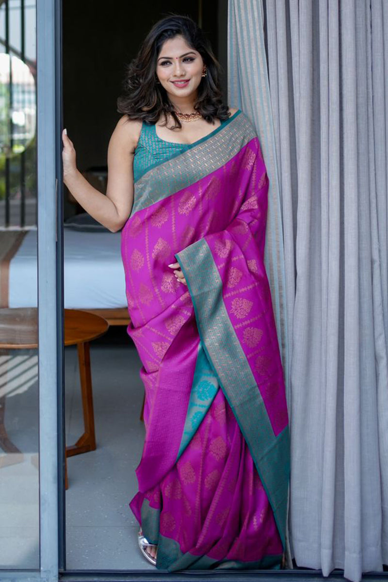 Elegance Purple Color Banarasi Soft Silk Saree With Blouse Piece