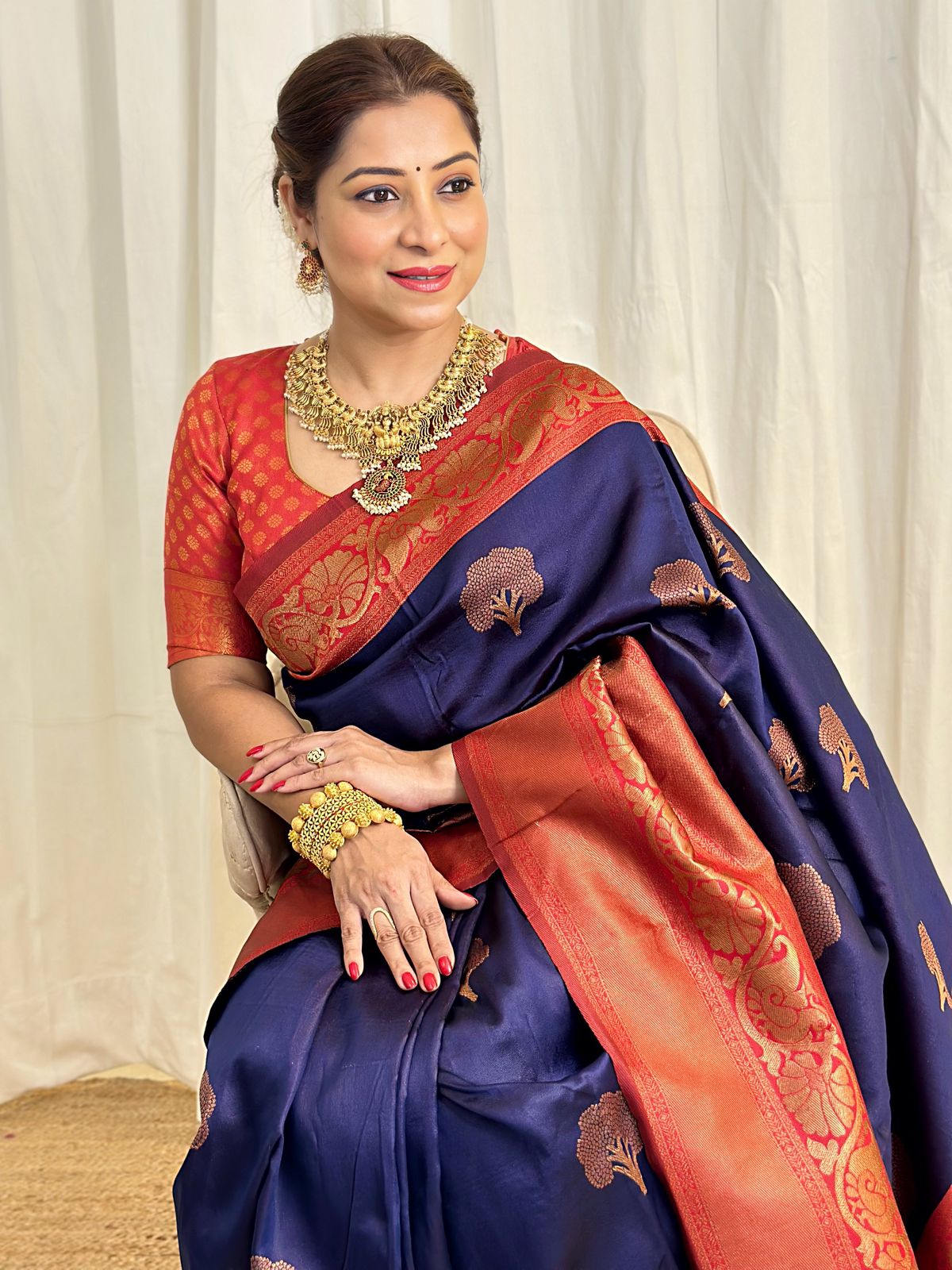 Slippery Navy Blue Color Banarasi Soft Silk Saree With Blouse Piece