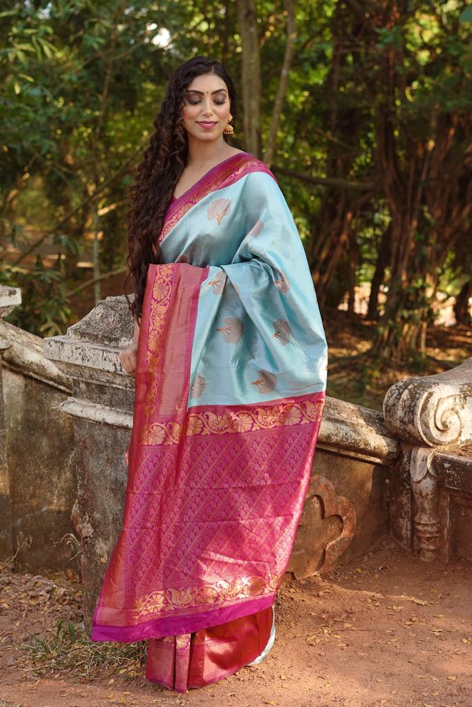 Polished Sky Blue Color Banarasi Soft Silk Saree With Blouse Piece