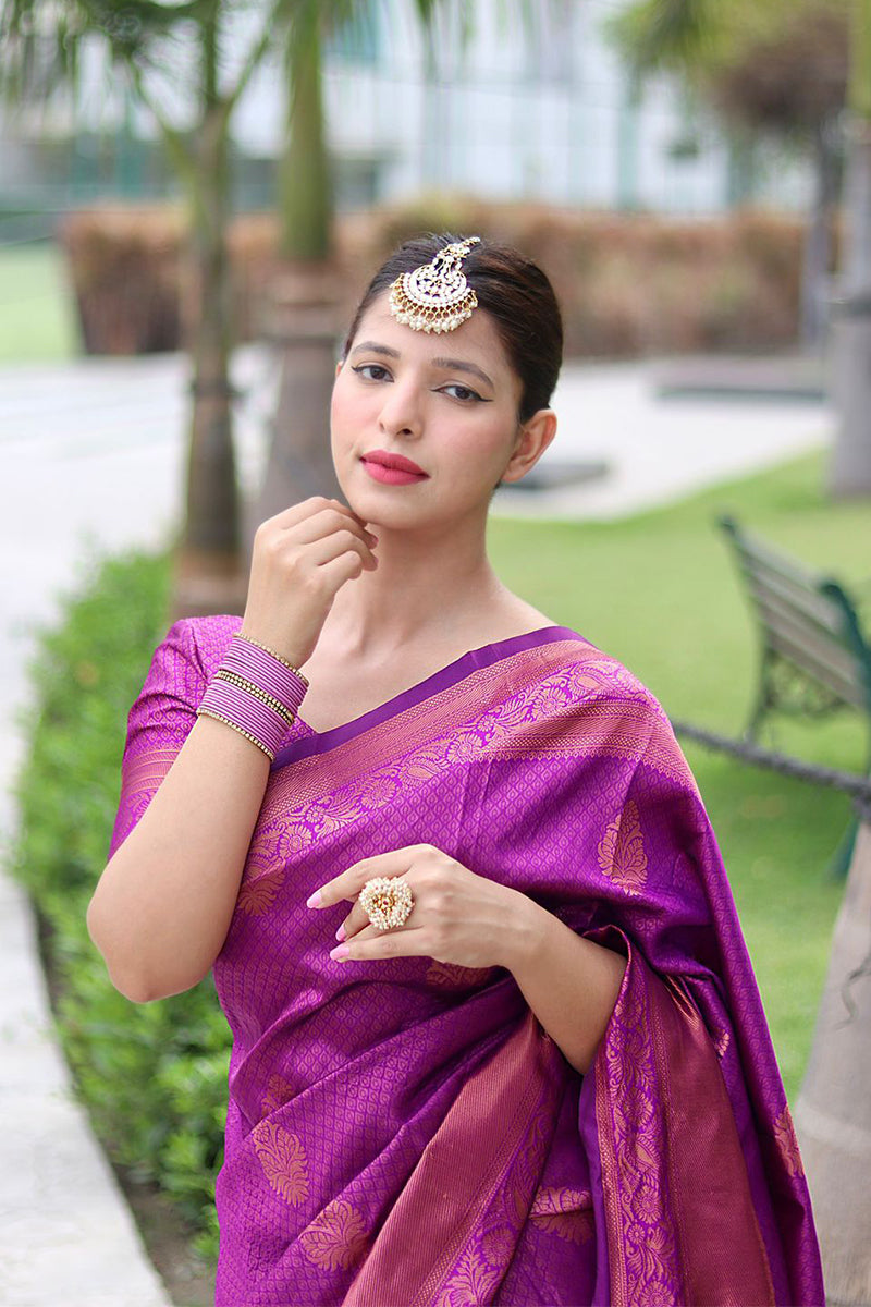 Dazzling Purple Color Banarasi Soft Silk Saree With Blouse Piece