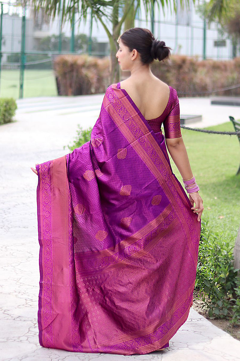 Dazzling Purple Color Banarasi Soft Silk Saree With Blouse Piece