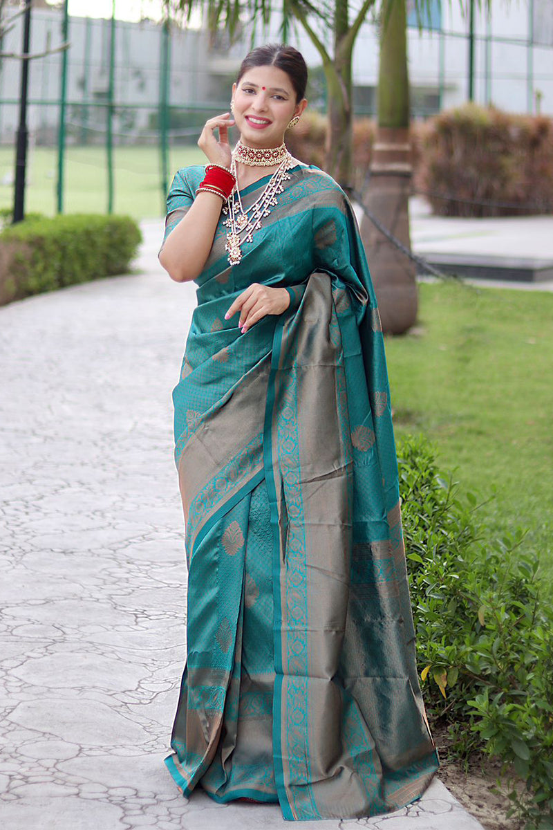 Bewitching Rama Green Color Banarasi Soft Silk Saree With Blouse Piece