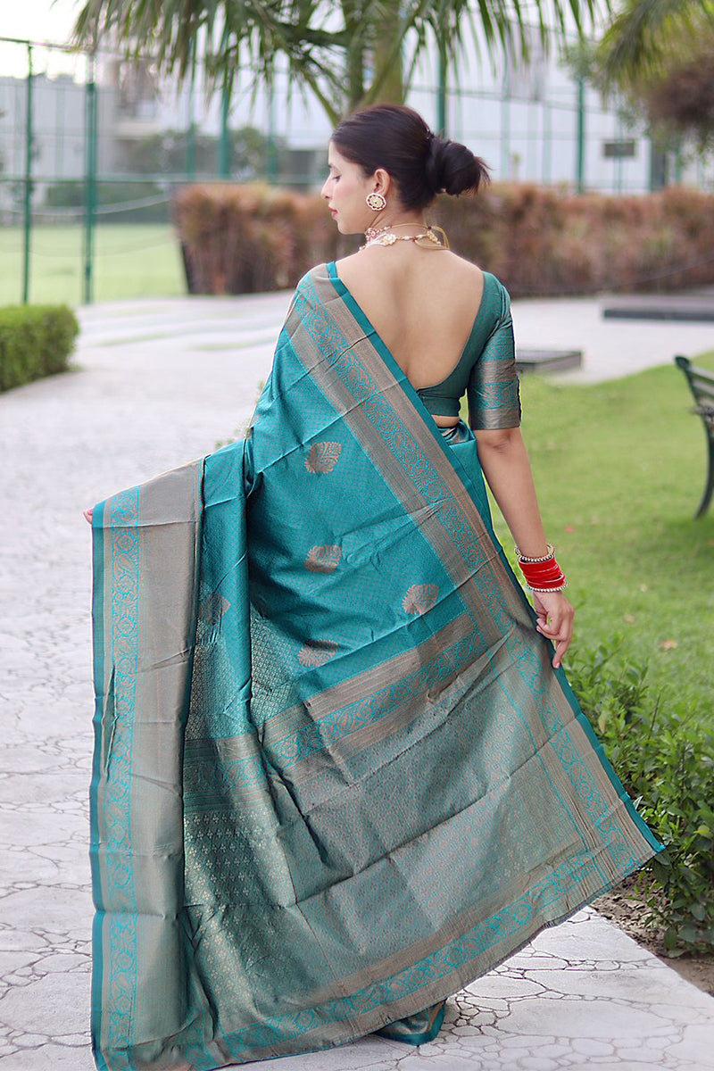 Bewitching Rama Green Color Banarasi Soft Silk Saree With Blouse Piece