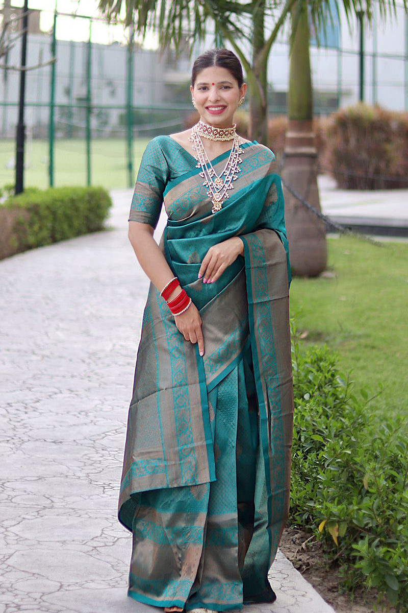 Bewitching Rama Green Color Banarasi Soft Silk Saree With Blouse Piece